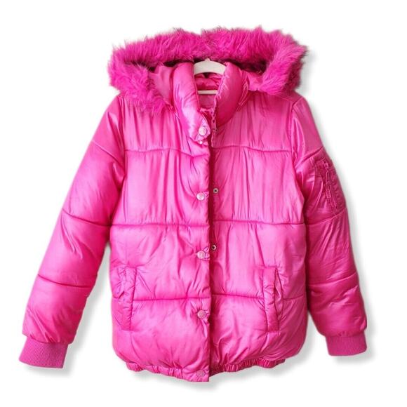 JUSTICE Girls Hot Pink Winter Hooded Puffer Jacket 12 14 Bubblegum Warm Cozy - Picture 14 of 14